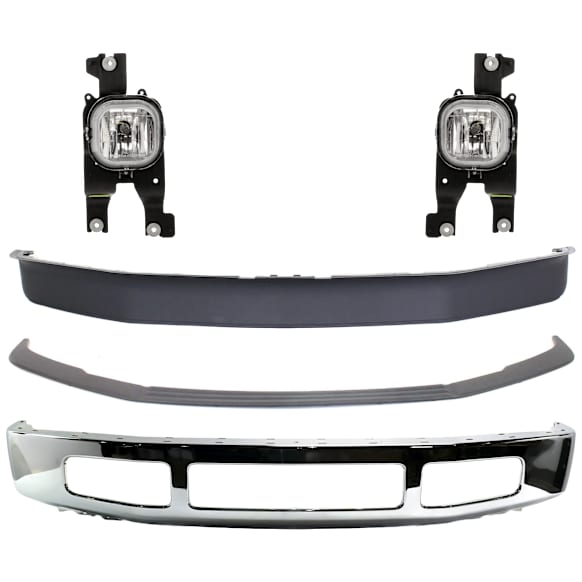 5-Piece Kit, Front Bumper, Chrome, Includes (1) Bumper, (1) Bumper Trim, (2) Fog Light, and (1) Valance