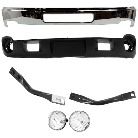 5-Piece Kit Front Bumper Chrome, Includes (1) Bumper, (1) Valance, (1) Fog Light and (2) Bumper Bracket