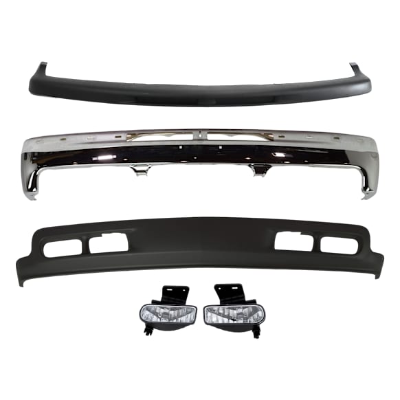 2000 Chevrolet Silverado 1500 - 4-Piece Kit Front Bumper, 4WD, Chrome, Includes (1) Bumper, (1) Bumper Trim, (2) Fog Light, and (1) Valance