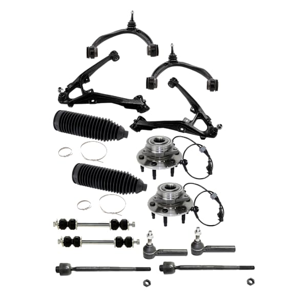 14-Piece Kit Front, Driver and Passenger Side, Upper and Lower Control Arms, Includes (4) Control Arm, (2) Steering Rack Boot, (2) Sway Bar Link, (4) Tie Rod End, and (2) Wheel Hub