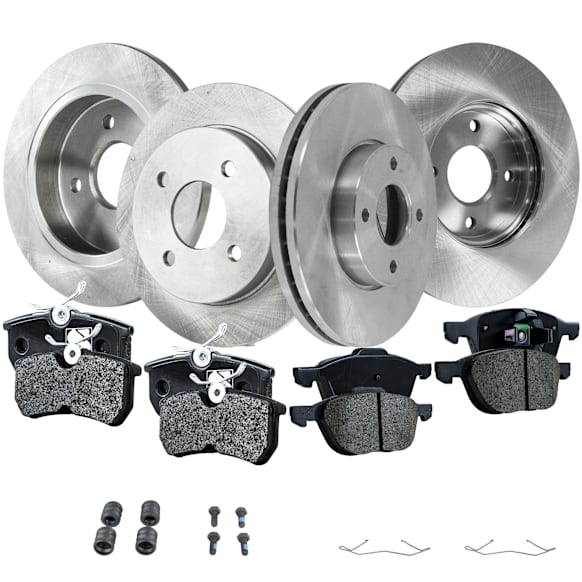 4-Wheel Set Brake Disc and Pad Kit, Plain Surface 4 Lugs Front-281.94 mm/Rear-252.98 mm Front-Ceramic/Rear-Semi-Metallic Pro-Line Series, Includes (4) Brake Disc and (2) Brake Pad Set