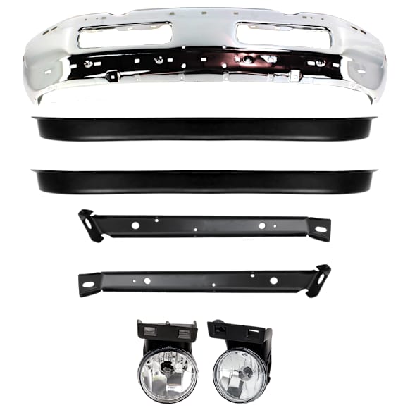 7-Piece Kit, Front Bumper, Chrome, Includes (1) Bumper, (2) Bumper Bracket, (1) Bumper Cover, (2) Fog Light, and (1) Valance