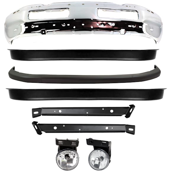 8-Piece Kit, Front Bumper, Chrome, Includes (1) Bumper, (2) Bumper Bracket, (2) Bumper Cover, (2) Fog Light, and (1) Valance