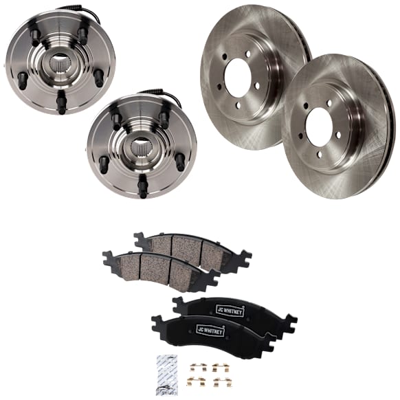 2-Wheel Set Front, Driver and Passenger Side Wheel Hub, 5 Lugs, With Bearing, With Sensor, Includes (2) Disc, (1) Pad Set, and (2) Wheel Hub