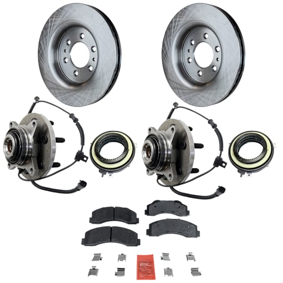 2-Wheel Set Front Brake Kit, Plain Surface, 6 Lugs, 350.01 mm, Ceramic, Includes (2) 4WD Actuator, (2) Brake Disc, (1) Brake Pad Set, and (2) Wheel Hub