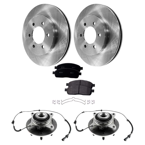 2-Wheel Set Front, Driver and Passenger Side Wheel Hub, 6 Lugs, With Bearing, 4WD, Includes (1) Brake Pad Set, (2) Wheel Hub and (2) Brake Disc