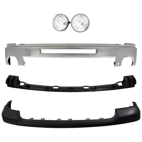 2013 GMC Sierra 1500 - 4-Piece Kit Front Bumper, Chrome, Includes (1) Bumper, (1) Bumper Bracket, (1) Bumper Cover, and (2) Fog Light
