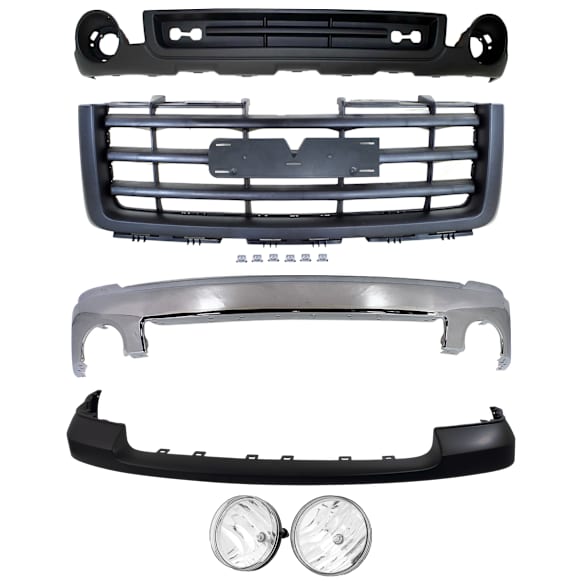 5-Piece Kit Front Bumper Chrome, Includes (1) Bumper, (1) Bumper Cover, (1) Valance, (1) Grille Assembly and (1) Fog Light