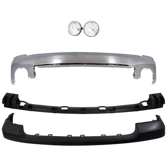 4-Piece Kit Front Bumper Chrome, Includes (1) Bumper, (1) Bumper Cover, (1) Bumper Bracket and (1) Fog Light