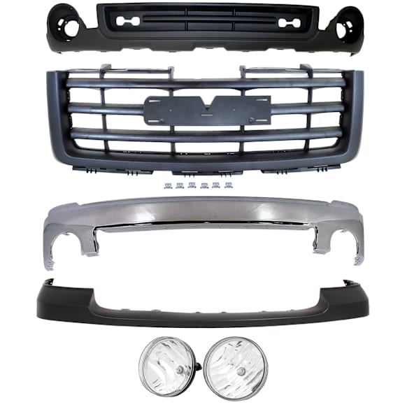 5-Piece Kit Front Bumper Chrome, Includes (1) Bumper, (1) Bumper Cover, (1) Valance, (1) Grille Assembly and (1) Fog Light