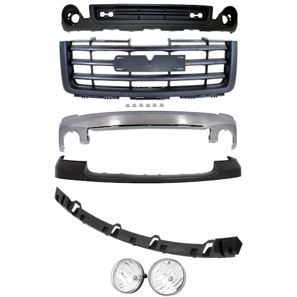 6-Piece Kit Front Bumper Chrome, Includes (1) Bumper, (1) Bumper Cover, (1) Valance, (1) Bumper Bracket, (1) Grille Assembly and (1) Fog Light