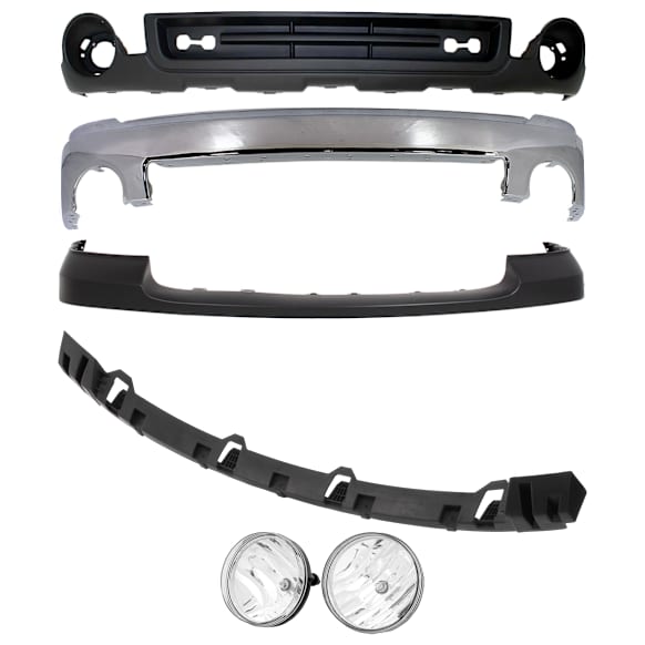 5-Piece Kit Front Bumper Chrome, Includes (1) Bumper, (1) Bumper Cover, (1) Valance, (1) Bumper Bracket and (1) Fog Light