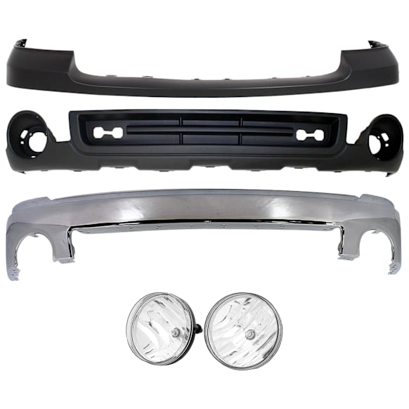 4-Piece Kit Front, Upper, Driver and Passenger Side Bumper Chrome, Includes (1) Bumper, (1) Bumper Cover, (1) Valance and (1) Fog Light