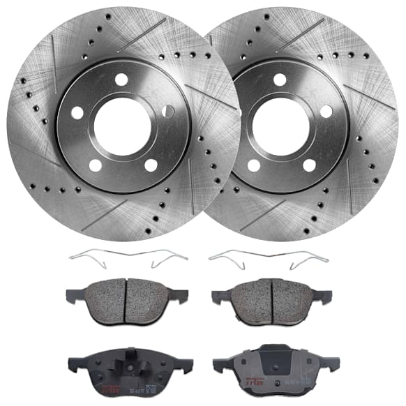 KIT-072924-1012 2-Wheel Set Front Brake Disc and Pad Kit, Cross-drilled and Slotted 5 Lugs 277.88 mm Semi-metallic, Includes (2) Brake Disc and (1) Brake Pad Set