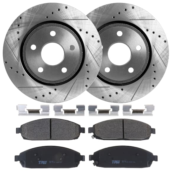 2008-2017 Jeep Grand Cherokee - 2-Wheel Set Front Brake Disc and Pad Kit, Cross-drilled and Slotted 5 Lugs 328 mm Semi-metallic, Includes (1) Brake Pad Set and (2) Brake Disc