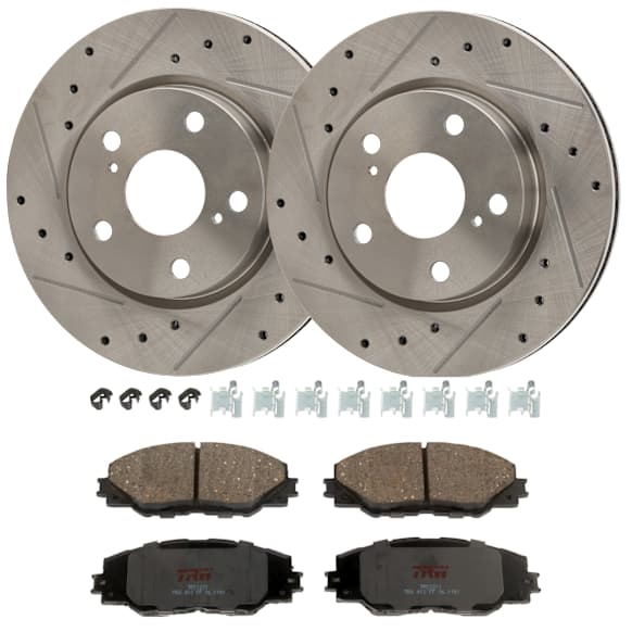 2006 Toyota RAV4 - 2-Wheel Set Front Brake Disc and Pad Kit, Cross-drilled and Slotted, 5 Lugs, 275.08 mm, Ceramic, For Models Without 3rd Row Seat, 2.4L 4Cyl, Includes (2) Disc and (1) Pad Set