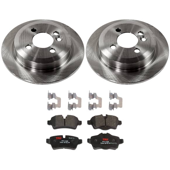 2013 Mini Cooper - 2-Wheel Set Rear Brake Disc and Pad Kit, Plain Surface, 4 Lugs, 258.83 mm, Semi-metallic, 259mm Rear Disc, For Models Without JCW Brakes, 1.6L 4Cyl, Includes (2) Disc and (1) Pad Set