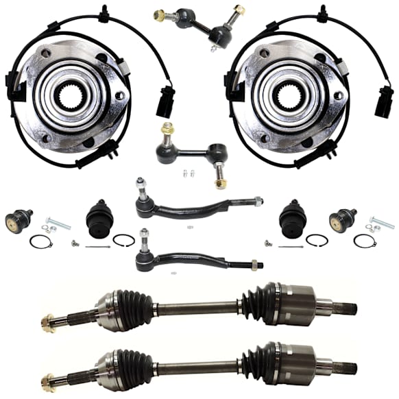12-Piece Kit Front Suspension Kit, Includes (2) Tie Rod End, (4) Ball Joint, (2) Sway Bar Link, (2) Wheel Hub and (2) Axle Assembly