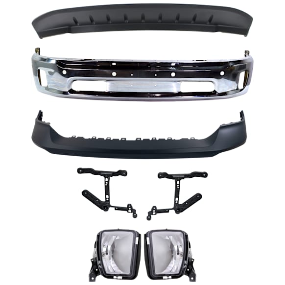 2017 Ram 1500 - 7-Piece Kit Front, Lower Bumper, For Models With Two Piece  Type, Chrome,  Includes (1) Bumper, (2) Bumper Bracket, (1) Bumper Cover, (2) Fog Light, and (1) Valance