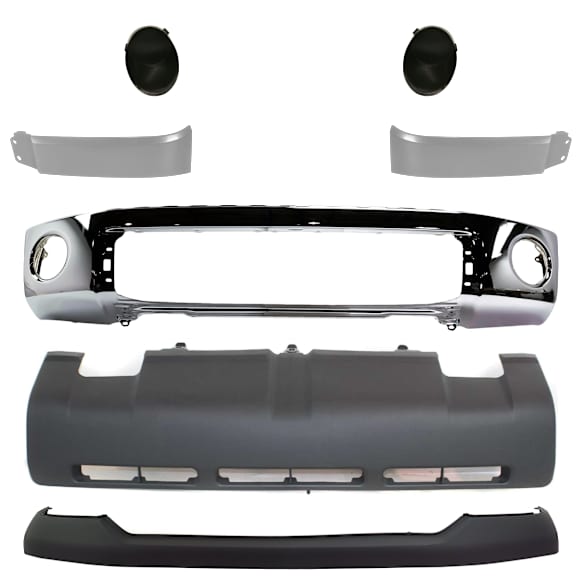 7-Piece Kit, Bumper, Chrome, Includes (1) Bumper, (1) Bumper Cover, (2) Fog Light Cover, (2) Headlight Filler, and (1) Valance
