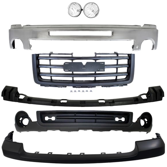 2010 GMC Sierra 1500 - 6-Piece Kit Front Bumper, For Models With Towing Package, Chrome, Includes (1) Bumper, (1) Bumper Bracket, (1) Bumper Cover, (2) Fog Light, (1) Grille Assembly, and (1) Valance