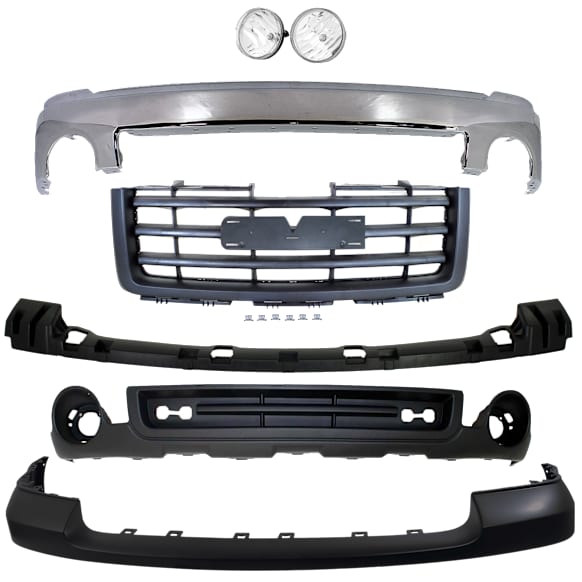 6-Piece Kit Bumper Chrome, Includes (1) Bumper, (1) Grille Assembly, (1) Bumper Cover, (1) Fog Light, (1) Bumper Bracket and (1) Valance