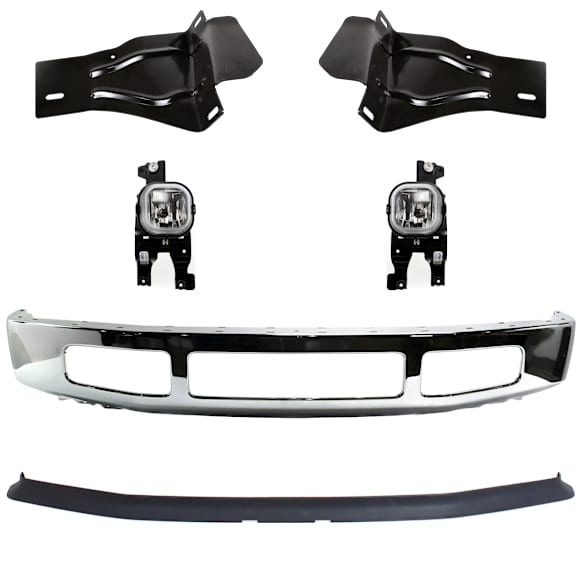 6-Piece Kit, Bumper, Chrome, Includes (1) Bumper, (2) Bumper Bracket, (2) Fog Light, and (1) Valance