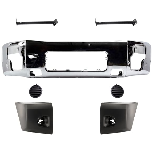 2011 Nissan Titan - 7-Piece Kit Front Bumper, For Models With Steel Bumper, Chrome, Includes (1) Bumper, (2) Bumper Bracket, (2) Bumper End, and (2) Fog Light Cover
