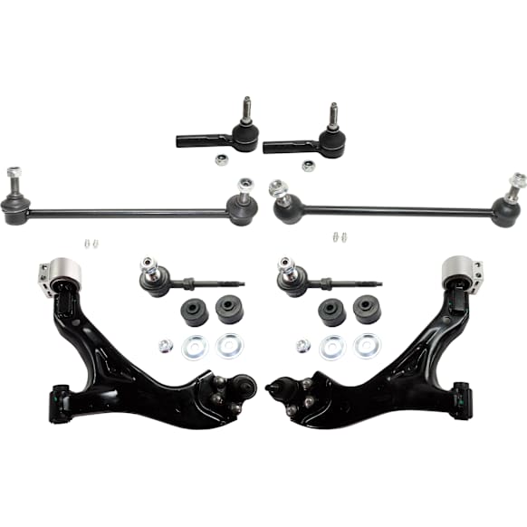 8-Piece Kit Control Arm Includes (2) Control Arm, (4) Sway Bar Link, and (2) Tie Rod End