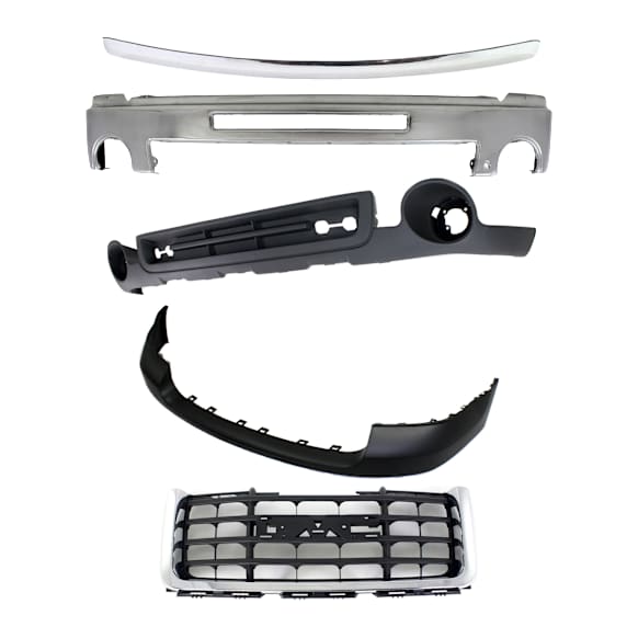 5-Piece Kit, Bumper, Chrome, Includes (1) Bumper, (1) Bumper Cover, (1) Grille Assembly, (1) Hood Molding, and (1) Valance