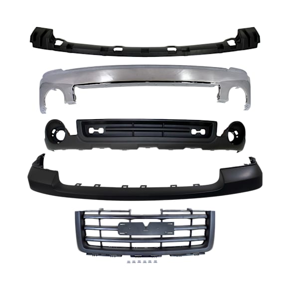5-Piece Kit, Bumper, Chrome, Includes (1) Bumper, (1) Bumper Bracket, (1) Bumper Cover, (1) Grille Assembly, and (1) Valance