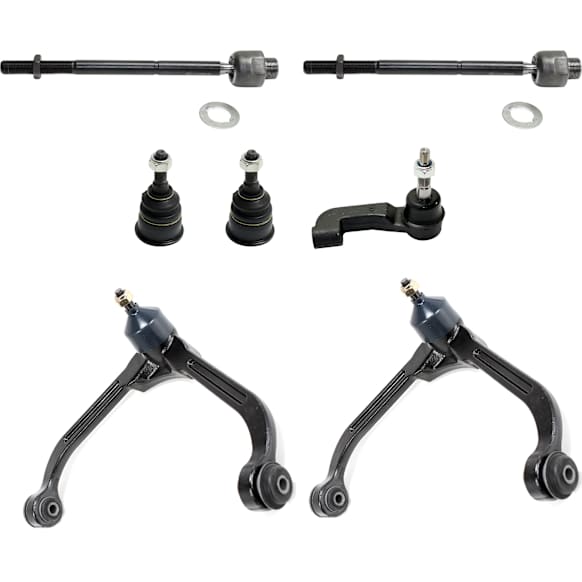 8-Piece Kit Front, Driver and Passenger Side, Upper Control Arms, Includes (1) Ball Joint, (1) Control Arm and (3) Tie Rod End