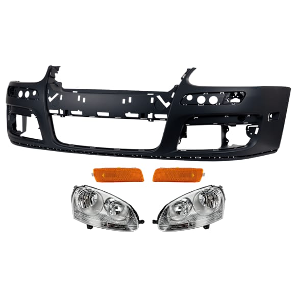 2006 Volkswagen Jetta - 5-Piece Kit Driver and Passenger Side Halogen Headlight, With bulb(s), mfrbodycodename : A5, New Body Style, OE Replacement, Sedan, Includes (1) Bumper Cover, (2) Headlight, and (2) Side Marker