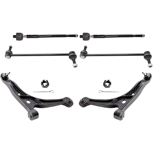 6-Piece Kit Control Arm Includes (2) Control Arm, (2) Sway Bar Link, and (2) Tie Rod End