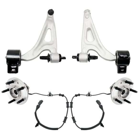 4-Piece Kit Front, Driver and Passenger Side, Lower Control Arms, Includes (2) Control Arm and (2) Wheel Hub