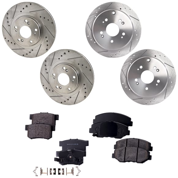 2006 Honda CR-V - 4-Wheel Set Front and Rear Brake Disc and Pad Kit, Cross-drilled and Slotted, 5 Lugs, Front-299.97 mm/Rear-304.4 mm, 2.4L 4Cyl, Includes (4) Disc and (2) Pad Set