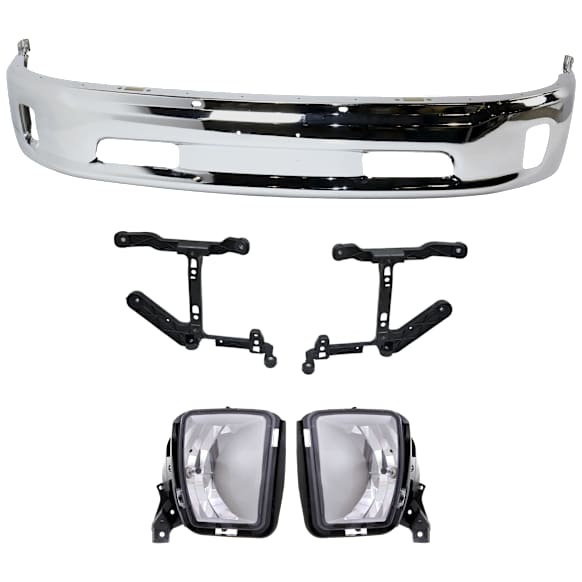 2013-2018 Ram 1500 - 4-Piece Kit Front, Lower Bumper Chrome, Includes (1) Bumper, (1) Bumper Bracket and (2) Fog Light