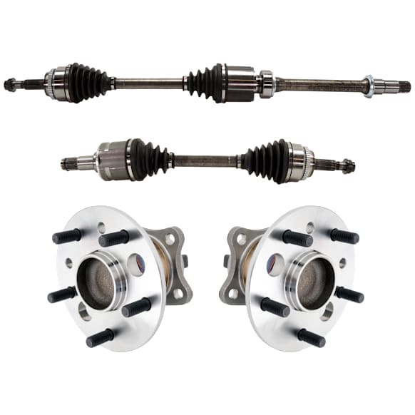 4-Piece Kit Front, Driver and Passenger Side Axle Assembly, includes (2) Axle Assembly and (2) Wheel Hub