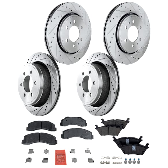 4-Wheel Set Front and Rear Brake Disc and Pad Kit, Cross-drilled and Slotted 6 Lugs Front-350.01 mm/Rear-348.23 mm, Includes (2) Brake Pad Set and (4) Brake Disc