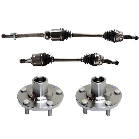 4-Piece Kit Front, Driver and Passenger Side Axle Assembly, New Kit FWD, includes (2) Axle Assembly and (2) Wheel Hub