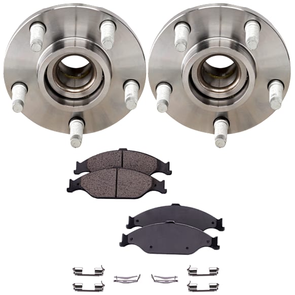 2-Wheel Set Front, Driver and Passenger Side Wheel Hub, 5 Lugs, With Bearing, Includes (1) Brake Pad Set and (2) Wheel Hub