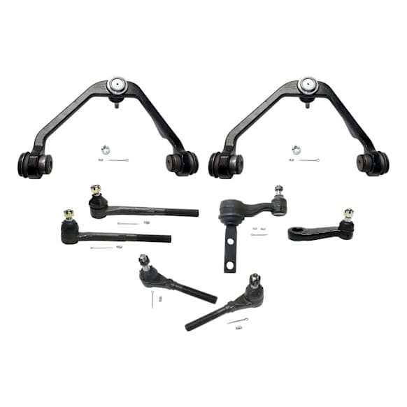 10-Piece Kit Front, Driver and Passenger Side, Upper Control Arms, Includes (2) Control Arm, (1) Idler Arm, (1) Pitman Arm, (2) Tie Rod Adjusting Sleeve, and (4) Tie Rod End