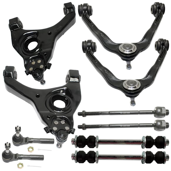 10-Piece Kit Control Arm Includes (4) Control Arm, (2) Sway Bar Link, and (4) Tie Rod End