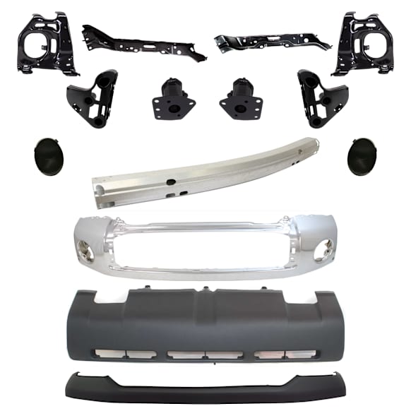15-Piece Kit, Front Bumper, Chrome, Includes (1) Bumper, (6) Bumper Bracket, (1) Bumper Cover, (1) Bumper Reinforcement, (3) Bumper Retainer, (2) Fog Light Cover, and (1) Valance
