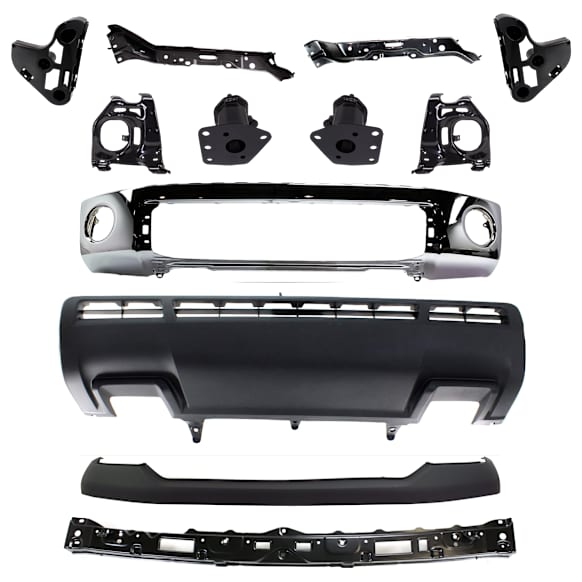 12-Piece Kit, Front Bumper, Chrome, Includes (1) Bumper, (6) Bumper Bracket, (1) Bumper Cover, (3) Bumper Retainer, and (1) Valance
