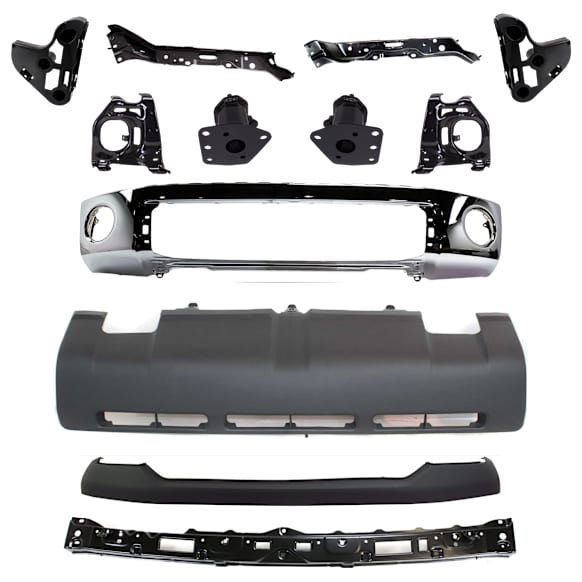 12-Piece Kit, Front Bumper, Chrome, Includes (1) Bumper, (6) Bumper Bracket, (1) Bumper Cover, (3) Bumper Retainer, and (1) Valance