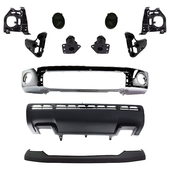 11-Piece Kit, Front Bumper, Chrome, Includes (1) Bumper, (6) Bumper Bracket, (1) Bumper Cover, (2) Fog Light Cover, and (1) Valance