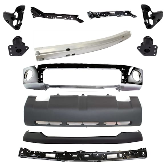 11-Piece Kit, Front Bumper, Chrome, Includes (1) Bumper, (4) Bumper Bracket, (1) Bumper Cover, (1) Bumper Reinforcement, (3) Bumper Retainer, and (1) Valance