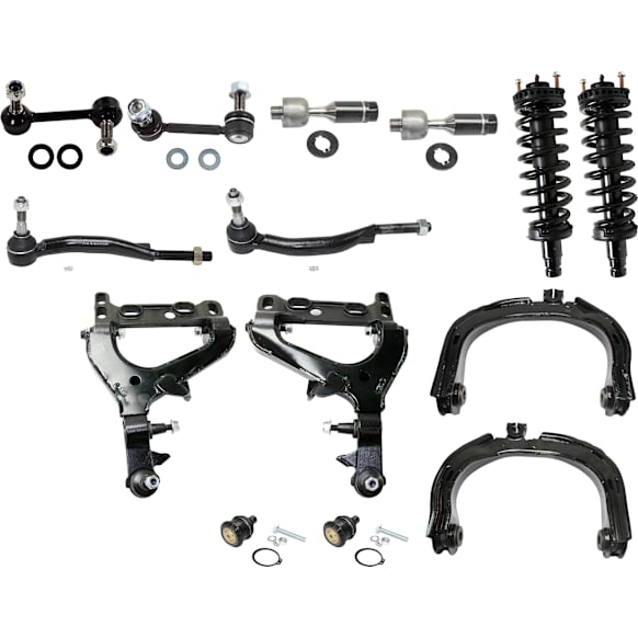 14-Piece Kit Front, Driver and Passenger Side, Upper and Lower Control Arms, Includes (2) Ball Joint, (4) Control Arm, (2) Loaded Strut, (2) Sway Bar Link, and (4) Tie Rod End