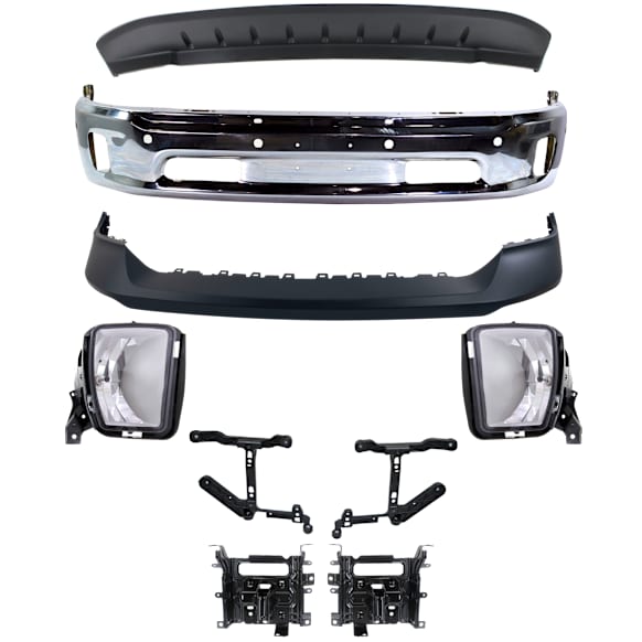 2014-2018 Ram 1500 - 7-Piece Kit Front, Lower Bumper Chrome, Includes (1) Bumper, (1) Bumper Cover, (1) Valance, (2) Bumper Bracket and (2) Fog Light